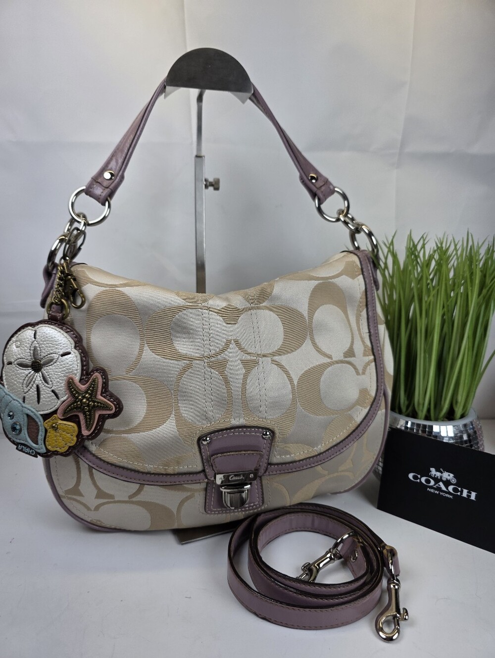 Coach Hobo Beige Signature Canvas Shoulder Bag with Lavender Trim